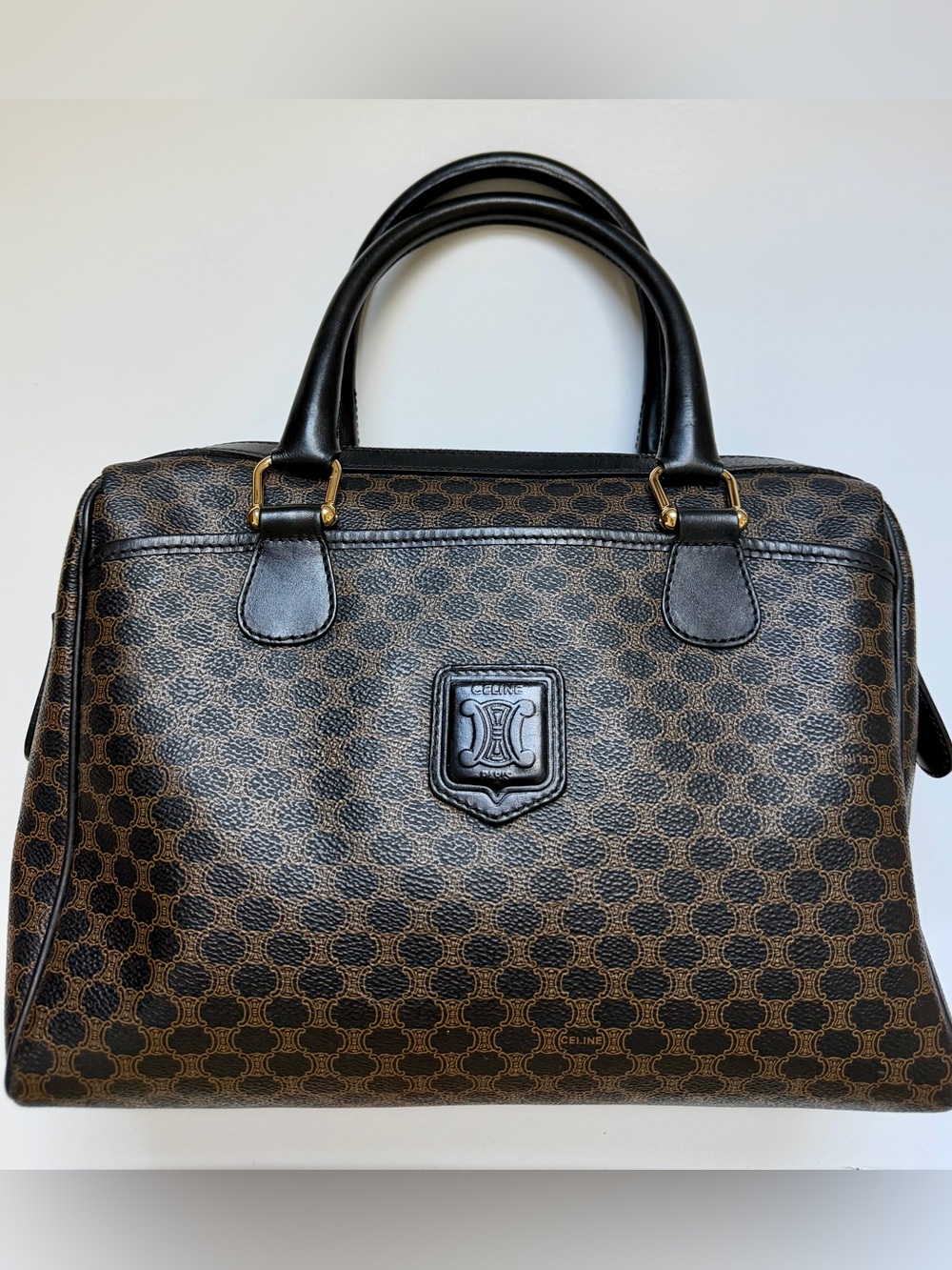 Rare - Celine Macadam Monogram Black Leather Trim Vintage Boston Bag - EUC